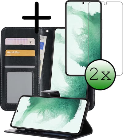 Hoesje 2 in 1 - Geschikt voor Samsung Galaxy S22 - Met 2x Screenprotector - En Uitneembare Hard Cover - Bookcase - Wallet Case - Met Pasjeshouder - Book Case - Uitneembaar - Pashouder - Kunstleer - Zwart