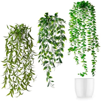 Set van 3 Hangende Kunstplanten in Witte Pot - Realistische Nepplanten voor Woonkamer en Badkamer