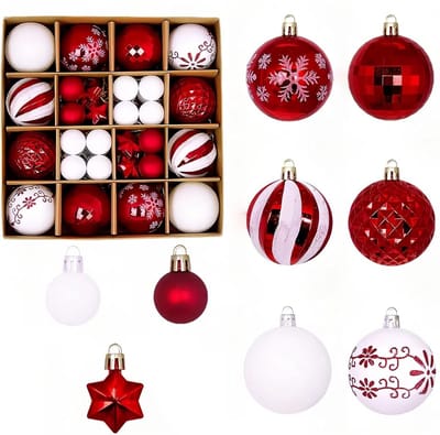 QTTVBTNA - 44 Delige Kerstbal Set - Onbreekbare Plastic Kerstballen in Rood & Wit - Veilige Kerstversiering voor Binnen en Buiten - Complete Kerstboom Decoratie met Hangende Ballen