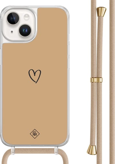 Casimoda® hoesje met beige koord - Geschikt voor iPhone 14 - Hart Bruin - Afneembaar koord - TPU/acryl - Bruin/beige