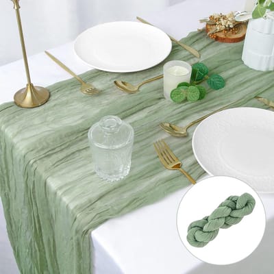 Tafelloper, groen, lange tafelloper, in zachtgroen, 90 cm x 300 cm, rustieke tafelloper van gaas, boho voor bruiloft, bruidsfeest, verjaardagsfeest, taart, tafeldecoratie