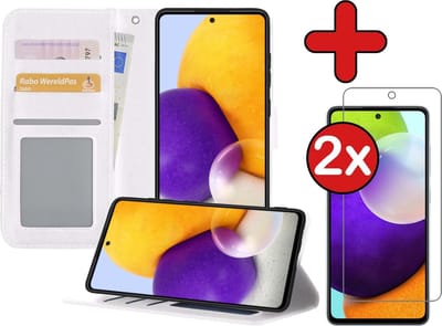 Hoesje - Met 2x Screenprotector - Geschikt voor Samsung Galaxy A52 5G - Luxe Pasjeshouder - Flip Case - Bookcase Portemonee - Kunstleer Book Case - Flipcase Hoes - Book Cover - Walletcase - Portemonneehoes - Telefoonhoes - Wit