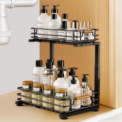 Famanu – Gootsteenorganizer - 2 etages - metaal - onder de wastafel - rek - organizer - in hoogte verstelbaar - uittrekbare keukenorganizer - schoonmaakmiddelorganizer voor badkamer - kast - keuken - zwart