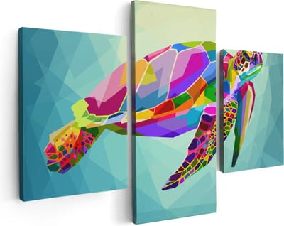 Artaza Canvas Schilderij Drieluik Kleurrijke Schildpad in het Water - 90x60 - Foto Op Canvas - Canvas Print