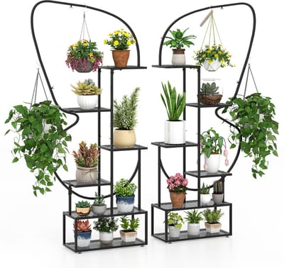 COSTWAY 6-traps metalen plantenstandaard, vlindervormig, bloemenrek met 4 haken, plantenrek, ladderrek, plantenladder, bloemenstandaard, voor tuin, balkon, woonkamer, 185 cm (zwart)