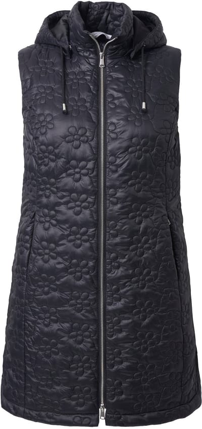 MIAMODA - Dames - lange doorgestikte bodywarmer gebloemd doorgestikt motief - Zwart - Maat 42