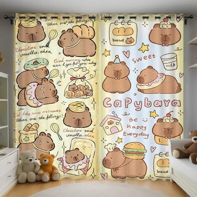 Kerst Kapibara Anime Woonkamer Slaapkamer Gordijnen Voor Woonkamer Geperforeerd Stofdicht Verduisterende Gordijnen Keukenkast Huis 100x140cm&Grommet Top beige