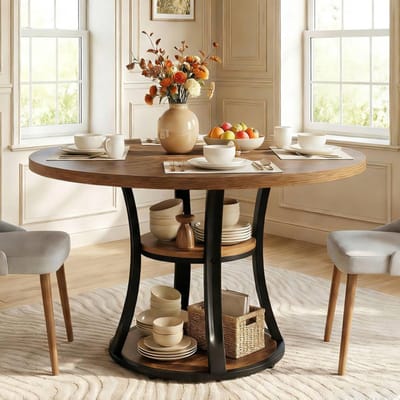 LITTLE TREE Ronde Eettafel Voor 4 Personen - 100 x 100 x 75 cm - Keukentafel Met Tweelaags Opbergrek - Ruimtebesparende Kolomtafel - Landelijke Stijl - Voor Eetkamer En Kleine Ruimtes - Bruinzwart