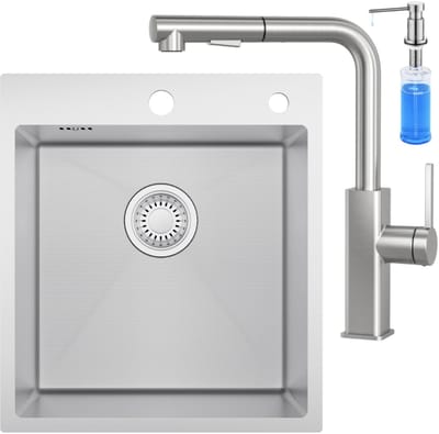 CECIPA max Spoelbak voor keuken 44*49CM - Spoelbak Keuken Met Keukenkraan en Zeepdispenser 300ML - Enkele spoelbak Met waterafvoersysteem - Voor 45 cm Kast - RVS