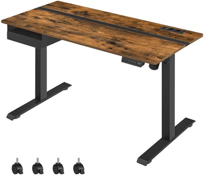 Bureau Werktafel Elektrisch Verstelbaar 60x140x72-120 Cm Bruin Zwart Metalen Frame 4 Standen Geheugenfunctie Stopcontacten Lade Kantoor Studiekamer Slaapkamer Thuiswerken