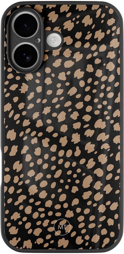 Hoesje geschikt voor iPhone 16 - Savannah spots - Luxe Hard Case - Gestipt - Zwart, Bruin - Mooie Telefoonhoesjes