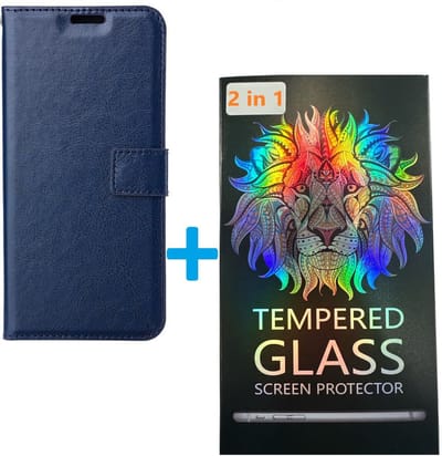 Portemonnee Book Case Hoesje + 2x Screenprotector Glas Geschikt voor: Xiaomi Redmi A1 / A2 - Blauw