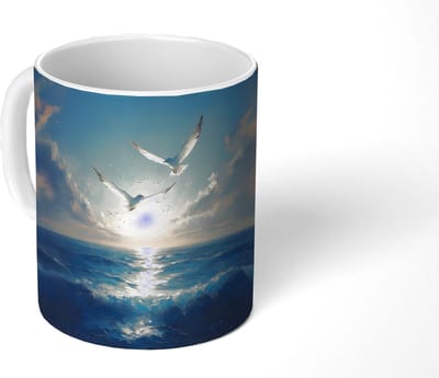 Mok - Koffiemok - Meeuwen - Zee - Wolken -Blauw - Mokken - 350 ML - Beker - Koffiemokken - Theemok