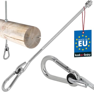 KOTARBAU® Schommelhaak, Verzinkt Staal, M10 x 330 mm, Zilver, met Karabijnhaak, Houtdraad, Schommelhaak voor Houten Balk, Schommel Hanger