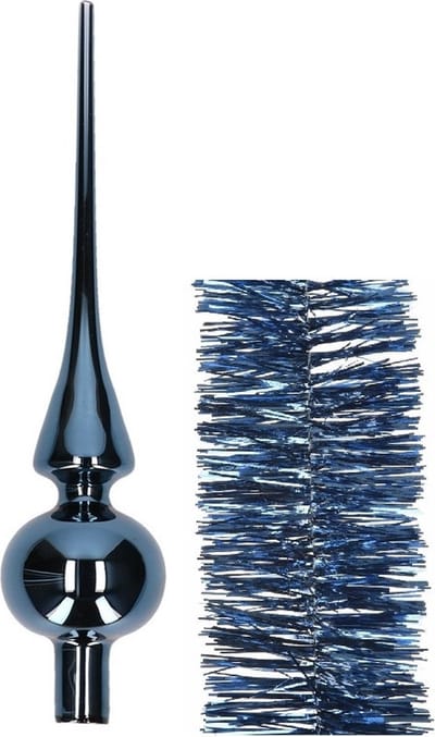 Kerstversiering glazen piek glans 26 cm en folieslingers pakket donkerblauw van 3x stuks - Kerstboomversiering