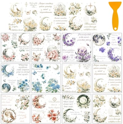 Dailygoods- Transferstickers 12 Vellen - Fantasie/Thema Stickers - Maan/Bloemen Decoratie - Voor Thuis/Klaslokaal - 12 x 13 cm - Hout/Glas/Porselein - Decoratiestickers