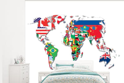 Behang - Fotobehang Wereldkaart - Vlaggen - Trendy - Breedte 300 cm x hoogte 240 cm