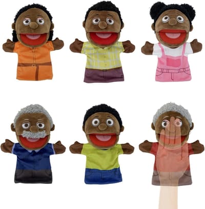 Pluche Handpoppen - Familiepoppen Theater - Verhalen Vertellen - Zes Verschillende Poppen - 28 cm - Zwart
