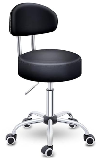Rolkruk met leuning zwart - Hoogte verstelbaar 47-60 cm - Draaikruk met wieltjes - Bureaustoelkruk