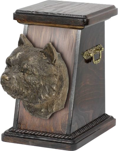 Elegante urn voor Norwich Terrier as met hondenbuste ter nagedachtenis