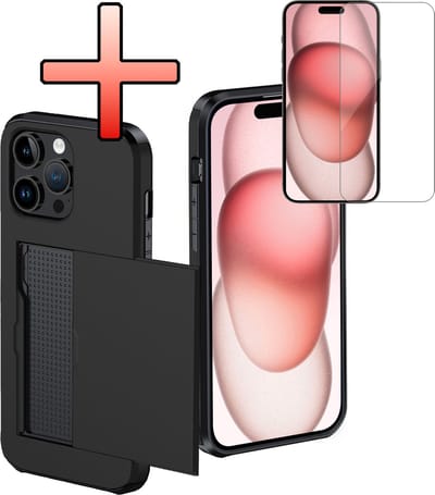 Hoes Geschikt voor iPhone 15 Pro Hoesje Pasjeshouder Hard Cover Met Screenprotector Shock Proof Hard Case Hoes Met Kaarthouder - Zwart