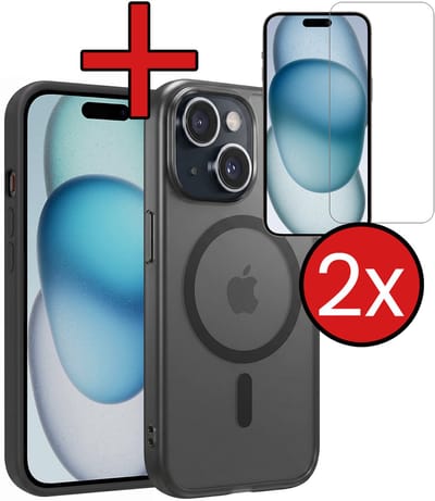 Hoesje - Met 2x Screenprotector - Geschikt voor Apple iPhone 15 - Magsafe Compatible - Sterk & Shockproof - Shock Proof Case - Back Cover - Telefoon Hoes - Telefoonhoes - Zwart