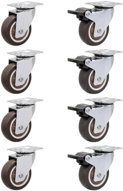 8x Stille Zwenkwielen met Rem Ø 25mm – TPR Rubber Zwenkwielen voor Meubels en Karren