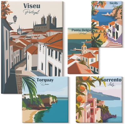 Wallfluent Set van canvas schilderijen - Uitzichten op pittoreske straatjes in Europese steden Canvas Schilderijen Set - Set van 5 Canvas Schilderijen - Veelkleurig Set van Canvas Prints - Steden Canvas Kunst Set - Boheemse Canvas Kunst Set