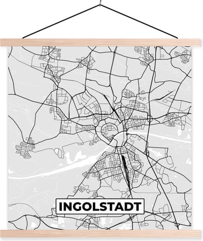 Posterhanger incl. Poster 40x40 cm - Schoolplaat - Kaart - Stadskaart - Duitsland - Ingolstadt - Plattegrond - Textielposter - Blanke latten - Stadskaart