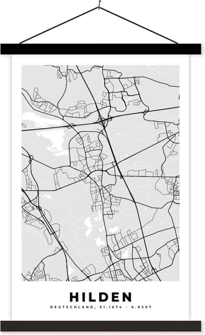 Posterhanger incl. Poster 40x60 cm - Schoolplaat - Stadskaart - Duitsland - Plattegrond - Hilden - Kaart - Textielposter - Zwarte latten - Stadskaart