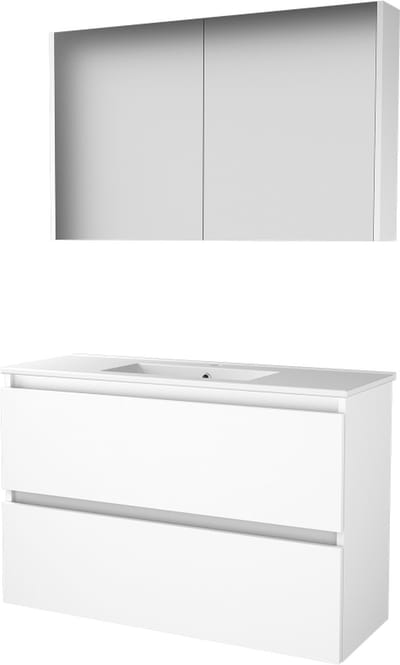 Basic Comfort 39 badmeubelset met spiegelkast, greeploze wastafelonderkast met 2 lades en porseleinen wastafel met 1 kraangat 100 x 39 cm, ice white
