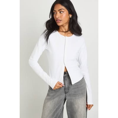 boohoo Dames Geperst Sculpt Drukknoop Doorknoopbare Lange Mouw Top | Wit | Maat: 34