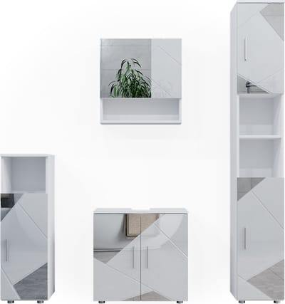 Vicco Irma Badkamermeubel set – 4 delen, met hoge kast Wit hoogglans met inzetstukken