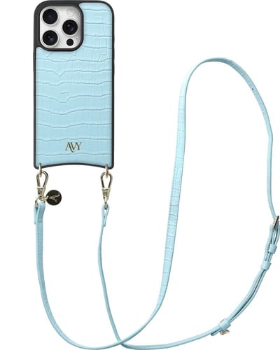 AVY Leren Hoesje Geschikt voor Apple iPhone 16 Pro | Compatibel met MagSafe | Leather Case met Telefoonkoord | Crossbody | Croco Blauw | Long Leather