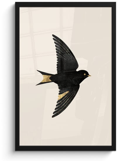 Poster in lijst - Fotolijst 40x60 cm - Posters - Zwarte zwaluw - Gouden accenten - Lichte achtergrond - Posterlijst zwart - Decoratie - Wanddecoratie woonkamer - Muurdecoratie slaapkamer