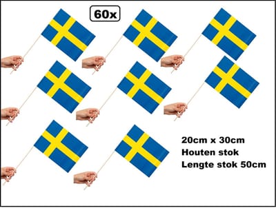 60x Luxe Zwaaivlaggetjes op stok Zweden 20cm x 30cm - lengte stok 50cm - Zwaai vlaggetjes thema feest voetbal festival uitdeel