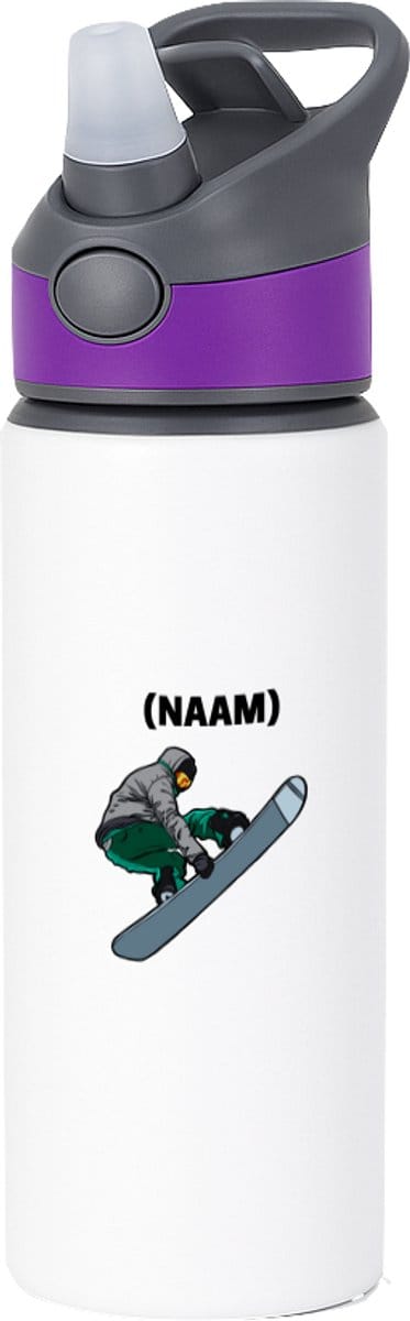 Hacebo® - Snowboard met eigen naam waterfles met rietje paars - Snowboarden - Snowboarders - Wintersport - water fles - 650ML