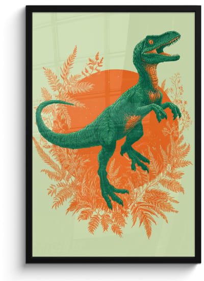 Poster in lijst - Fotolijst 60x90 cm - Posters - Dinosaurus - Groen - Planten - Cirkel - Posterlijst zwart - Decoratie - Wanddecoratie woonkamer - Muurdecoratie slaapkamer