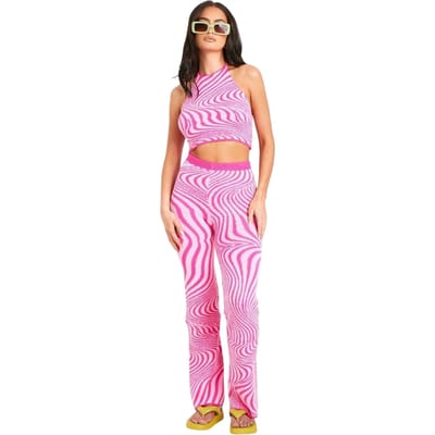 Missy Empire Damesbroek met uitlopende pijpen en jacquardprint met wervelmotief (Roze)