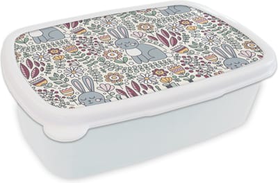 Broodtrommel Wit - Lunchbox - Brooddoos - Konijn - Bloemen - regenboog - Kinderen - Design - 18x12x6 cm - Volwassenen