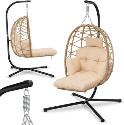 Hangstoel met frame - Hangmand met kussen - Buiten ontspannen - Voetsteun geïntegreerd - 100 x 190 cm - Beige