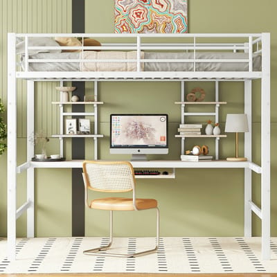 VVBV Ruimtebesparende Hoogslaper 140x200 cm met Voor Volwassenen, Voor Kinderen/Tieners - Planken, Bureau - Metaal Wit