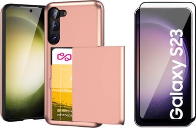 Hoesje met Pasjeshouder geschikt voor Samsung Galaxy S23 - Screen Protector FullGuard - Back Cover SlideCase Roségoud & Screenprotector