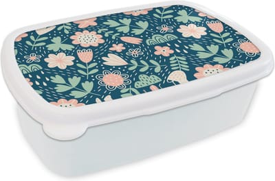 Broodtrommel Wit - Lunchbox - Brooddoos - Bloemen - Patroon - Planten - 18x12x6 cm - Volwassenen