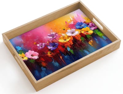 Dienblad hout 40x30 cm - Schootdienblad - Fantasiebloemen - Verf - Speels - Borrelplank rechthoek - Plateau dienbladen