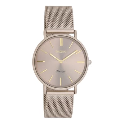 OOZOO Vintage series - Taupe horloge met taupe metalen mesh armband - C20337