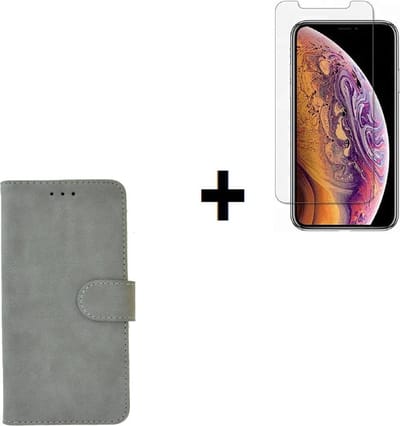 Geschikt voor iPhone 11 Pro Max Hoes Cover Wallet Book Case Grijs + Screenprotector Tempered Gehard Glas