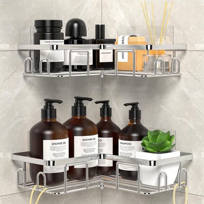 Allecto - Doucherek Zonder Boren - Badkamer Organizer - Zilver - Hoekdouche Caddy - 2-Pack - Geschikt voor gladde wanden