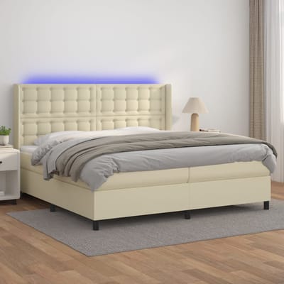 vidaXL - Boxspring - met - matras - en - LED - kunstleer - crèmekleurig - 200x200 - cm