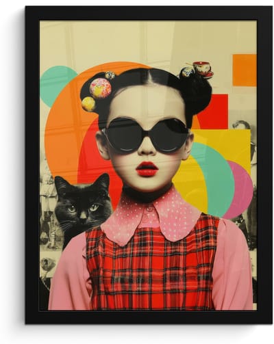 Poster in lijst - Fotolijst 30x40 cm - Posters - Meisje - Zonnebril - Kat - Retro - Posterlijst zwart - Decoratie - Wanddecoratie woonkamer - Muurdecoratie slaapkamer